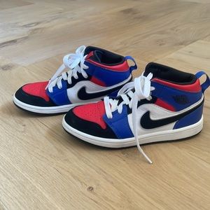 LIKE NEW WORN Once 1Y Air Jordan Nike High Tops.  Red, blue, black and white.